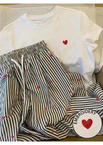 INAWLY Women's Heart Print Round Neck Short Sleeve T-Shirt And Drawstring Waist Striped Pants Casual Suit