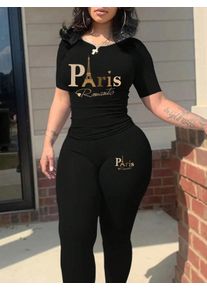 Paris Romantic Print 2-Piece Set: Short Sleeve T-Shirt & Leggings for Women, Casual Summer Outfit