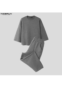 INCERUN Men Sets Solid Color Baggy 3/4 Sleeve Hoodies & Calf-length Pants Two Pieces Sets Streetwear Loose Fashion Men's Suits