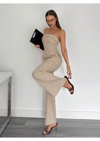 Beige Two-Piece Suit Set with Strapless Top & Wide Leg Pants for Office or Casual Wear