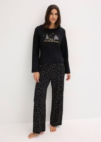 bonprix Femei Pijama din bumbac 100% cu imprimeu lucios, negru, 56/58