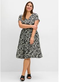 sheego Damen Sommerkleid mit Smokbund und weitem Rock in schwarz bedruckt ,Gr&ouml;&szlig;e 50, Witt, 100% Viskose