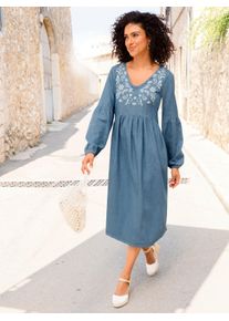 Damen Jeanskleid mit floraler Stickerei in blue-bleached ,Gr&ouml;&szlig;e 48, WITT, 100% Baumwolle