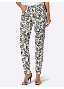 Dames Broek met print in bloemdessin in champagne/antraciet bedrukt ,maat 36, WITT, 98% Katoen, 2% Elastan