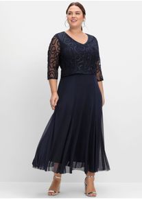 sheego Dames Avondjurk van mesh, met sierranden in diepblauw ,maat 44, Witt, 100% Polyester. Kant: 100% Polyester