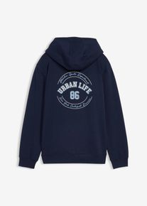 Hoodie av ekologisk bomull med stort ryggtryck Loose Fit - bl&aring; - storlek 134 - bonprix