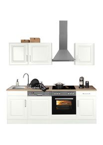 KOCHSTATION, &raquo;KS-Stockholm&laquo; Breite 220 cm, mit hochwertigen MDF Fronten im Landhaus-Stil, K&uuml;che: wei&szlig; + Korpus: wei&szlig; + Arbeitsplatte: eichefarben, B/H