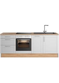 KOCHSTATION, K&uuml;chenzeile &raquo;KS-Ahus&laquo; 225 cm breit, wahlweise mit E-Ger&auml;ten, Soft Close Funktion, MDF Fronten, K&uuml;che: grau + Front: hellgrau matt + 