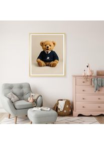 queence, Bild mit Rahmen &raquo;Vintage Polo Teddy B&auml;r mit Krawatte&laquo; B&auml;r B&auml;ren Fashion Figuren Mode Modebilder HD Premium Poster-Druck inkl. Echtholzrahmen 