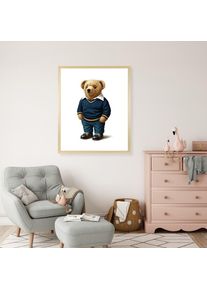 queence, Bild mit Rahmen &raquo;Vintage Polo Teddy B&auml;r in Pullover und Hemd&laquo; B&auml;r B&auml;ren Fashion Figuren Mode Modebilder HD Premium Poster-Druck inkl. 