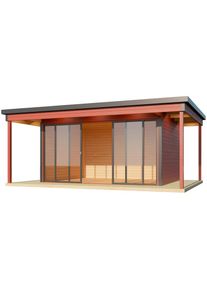 Lasita Maja, Gartenhaus &raquo;DOMEO 4 LOGGIA SCHWEDENROT/ANTHRAZIT - NEU&laquo; mit &Uuml;berdachung, Fundamentmass 800+4180+800 x 800+3219, Schwedenrot, Schwedenrot,