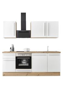 KOCHSTATION, K&uuml;chenzeile &raquo;Florida mit 38mm starker Arbeitsplatte&laquo; Breite 220 cm, wahlweise mit E-Ger&auml;ten, Soft-Close-Funktion, K&uuml;che: wei&szlig; + Front: 