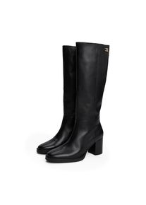 Tommy Hilfiger, Damen, Stiefel &raquo;STACKED HEEL LEATHER LONG BOOT&laquo; , Blockabsatz, Langschaftstiefel mit goldfarbenem Logo-Schmuckelement, schwarz, 38, 