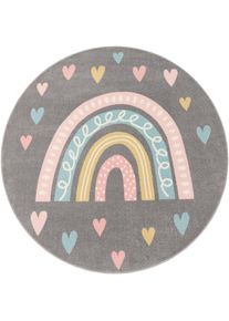 Paco Home, Kinderteppich &raquo;Nino 887&laquo; rund 13 mm H&ouml;he Kurzflor, Spielteppich, Motiv Regenbogen & Herzen, Kinderzimmer, grau, Polypropylen, &Oslash; 120 cm 1 
