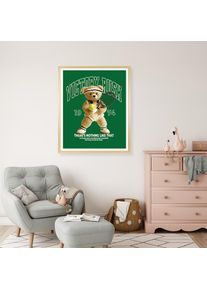 queence, Bild mit Rahmen &raquo;Vintage Teddy B&auml;r in Tennis Outfit&laquo; B&auml;r B&auml;ren Fashion Figuren Mode Modebilder Schriftzug HD Premium Poster-Druck inkl. 