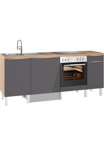 Optifit, K&uuml;che &raquo;Lilly2&laquo; Breite 210 cm, wahlweise mit E-Ger&auml;ten, K&uuml;che: grau + Front: anthrazit lackiert + Korpus: wildeichefarben + Arbeitsplatte: 