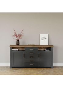 set one by Musterring, Sideboard &raquo;York&laquo; Typ 55, mit viel Stauraum, im Landhaus-Stil, B 184 x H 95 cm, Grau / Eiche,