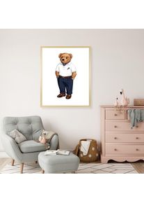 queence, Bild mit Rahmen &raquo;Vintage Polo Club Teddy B&auml;r&laquo; B&auml;r B&auml;ren Fashion Figuren Mode Modebilder HD Premium Poster-Druck inkl. Echtholzrahmen in beige