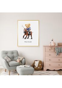 queence, Bild mit Rahmen &raquo;Polo Club Teddy B&auml;r auf Pferd&laquo; B&auml;r B&auml;ren Fashion Figuren Mode Modebilder Pferde Pferdebilder Reitbilder Schriftzug HD 