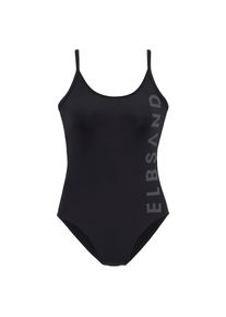 ELBSAND, Damen, Badeanzug in sportlichem Design mit gro&szlig;em Schriftzug, schwarz, Cup E, 42 - Cup E, schwarz, Markenschriftzug in Kontrastfarbe
