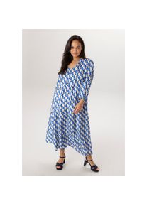 Aniston PLUS, Damen, Maxikleid in trendigem Dessin - NEUE KOLLEKTION, blau-wei&szlig;-schwarz, N-Gr, 46 - N-Gr, blau-wei&szlig;-schwarz, V-Auschnitt mit Bindeband