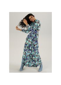 Aniston SELECTED, Damen, Maxikleid mit romantischem Rosendruck und R&uuml;schenverzierung, schwarz-lila-aqua-offwhite-hellbraun, 46 - N-Gr, Kleid mit 
