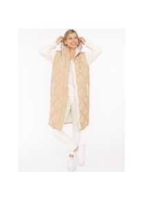 Zwillingsherz, Damen, Steppweste &raquo;"Love Print"&laquo; modisch, Doppelzipper, Druckkn&ouml;pfe, knielang, Kapuze, beige, S, Damen-Steppweste von Zwillingsherz