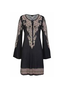 Lascana, Damen, Jerseykleid mit Bord&uuml;rendruck und Schn&uuml;rung am Ausschnitt, Sommerkleid, schwarz-bedruckt, N-Gr, 34 - N-Gr, schwarz-bedruckt, 