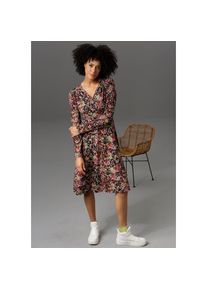 Aniston CASUAL, Damen, Jerseykleid in Wickel-Optik, schwarz-rostrot-jade-gelb-rot-flieder-gr&uuml;n, N-Gr, 42 - N-Gr, schwarz-rostrot-jade-gelb-rot-flieder