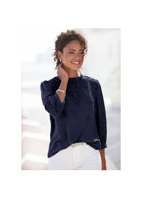Lascana, Damen, Schlupfbluse mit Lochstickerei und dezenten R&uuml;schen, 3/4-&auml;rmelige Damenbluse, marine, 38, Bluse mit Lochstickerei
