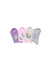 H.I.S. H.I.S, Damen, Basicsocken Packung, 4 Paar tlg. mit Einhorn Motiven, 1x ecru, 1x rosa, 1x lila, 1x hellgrau-meliert, 19-22, 1x ecru, 1x rosa, 1x lila, 