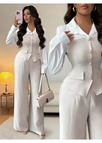 Elegant 2-Piece Suit with Pearl Buttons & Wide Leg Pants for Office or Casual Wear