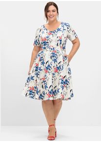 sheego Damen Cocktailkleid mit Blumenprint und Stoffg&uuml;rtel in champagner-gemustert ,Gr&ouml;&szlig;e 56, Witt, 97% Baumwolle, 3% Elasthan