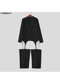 INCERUN Men Sets Solid Long Sleeve Blazer & Hollow Out Irregular Pants Two Pieces Sets Streetwear Fashion Personality Men Suits