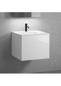 neoro n50 Meuble bas l: 60 cm, 1 tiroir, vasque blanche avec 1 trou de robinetterie, avec armoire de toilette, BN0092WH+BN0431WH+BN0472MI,