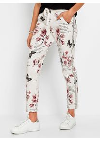 Dames 7/8-broek met bloemen- en letterprint in ecru/zwart geprint ,maat 40, WITT, 98% Katoen, 2% Elastan