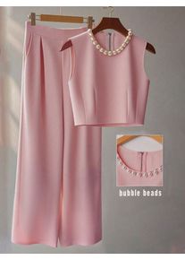 French High-Level Chic Three-Dimensional Beaded Sleeveless Tops Layered Wide-Leg Pants Trousers Summer Two Pieces Suits Ladies S