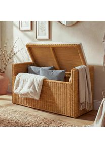 Aufbewahrungstruhe M92, Truhe Sitzbank Garderobenbank, Kissen Kubu Rattan 88cm ~ honigfarben