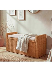 Sitzbank M92 Garderobenbank Bank Sitzhocker, mit Stauraum Kissen Kubu Rattan 88cm ~ honigfarben