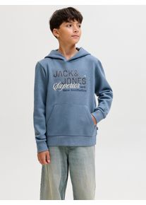 Jack & Jones Kapuzensweatshirt JACK & JONES JUNIOR "JJELOGO SWEAT HOOD 2 COL AW25 NOOS JNR", Jungen, Gr. 128, blau (blau mirage), angeraute Sweatware, Obermaterial: 70% Baumwolle, 30% Polyester, bedruckt, regular fit normal, ohne Ausschnitt, Rippb&uuml;ndchen, Sweatshirts Kapuzensweatshirt, Topseller