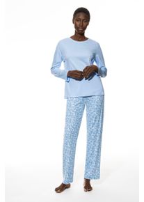 Schlafanzug Mey "Flower Meadow", Damen, Gr. 42, blau (blau silk), Single Jersey, Obermaterial: 100% Baumwolle, bequem lang, Rundhals, Homewear-Sets Schlafanzug, Komfortbund, Rundhalsausschnitt, bequem, Single Jersey, Langarm