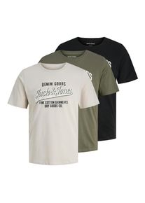 Jack & Jones Rundhalsshirt JACK & JONES "JJETHAN TEE SS CREW NECK 3PK MP NOOS", Herren, Gr. XL, dusty olive pack:with moonbeam, schwarz, Jersey, Obermaterial: 100% Baumwolle, bedruckt, regular fit normal, Rundhals, Shirts Rundhalsshirt