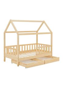 Juskys Term&eacute;szetes fa gyerek&aacute;gy h&aacute;z form&aacute;ban, t&aacute;rol&oacute;val