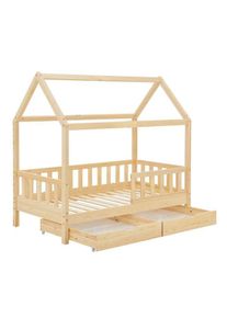 Juskys Gyerek&aacute;gy h&aacute;zik&oacute; alak&uacute; 90 x 200 cm &aacute;gyr&aacute;cs/fi&oacute;k natur