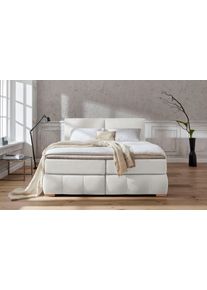 Boxspringbett Home Affaire "Wehma", beige (natur), B:190cm L:233cm, Struktur fein (100% Polyester), Komplettbetten, Boxspringbett, inkl. Topper in 3 verschiedenen Matratzen, auch in Samtstoff