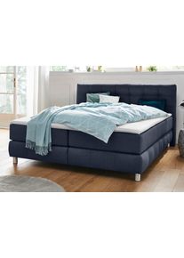 Boxspringbett Home Affaire "Salo", blau, B:214cm L:211cm, Struktur (100% Polyester);Bezug der Spiegelfl&auml;che Matratzendrell aus 100% Polyester;Samtoptik (100% Polyester), Komplettbetten, Boxspringbett, incl. Topper, 6 Breiten, 2 H&auml;rtegrade, TFK auch in H&auml;rtegrad 4