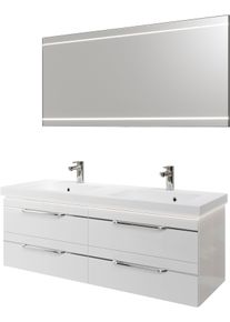 Badm&ouml;bel-Set SAPHIR "Balto 2-teilig Mineralmarmor-Doppelwaschtisch mit LED-Spiegel", wei&szlig; (wei&szlig; hochglanz mit chromeinlage), B:150cm H:200cm T:50,8cm, Holzwerkstoff, Kastenm&ouml;bel-Sets, Badm&ouml;bel-Set, Waschplatz 150 cm breit, 4 Schubladen, inkl. Schubladend&auml;mpfer