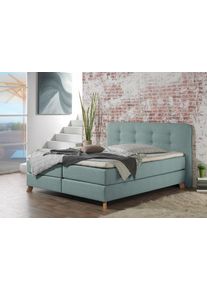 Boxspringbett Home Affaire "Cecina", blau (petrol), B:122cm L:210cm, Struktur fein (100% Polyester), Komplettbetten, Boxspringbett, in 5 Breiten, 3 Ausf&uuml;hrungen, 2 H&auml;rtegrade, Knopfheftung, Topper