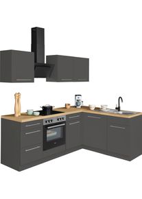 Wiho-K&uuml;chen Winkelk&uuml;che WIHO K&Uuml;CHEN "Unna", grau (k&uuml;che: grau, korpus: anthrazit, arbeitsplatte: sonoma eichefarben), B:220cm T:170cm, Komplettk&uuml;chen-Sets, Winkelk&uuml;che, mit E-Ger&auml;ten, Stellbreite 220 x 170 cm