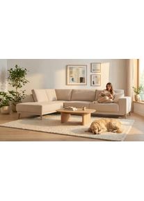 Ecksofa OTTO HOME "Oland Skandi, weicher Chenille-Stoff", beige, B:289cm H:85cm T:210cm, 100% Polyester, Sofas, Ecksofa, L-Form, 289 cm, Wellenunterfederung, Skandi-Design, Massivholzf&uuml;&szlig;e